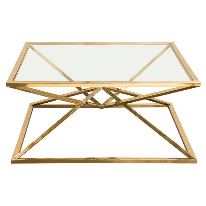 Aria Square Stainless Steel Cocktail Table w/ Polished Gold Finish Base & Clear, Tempered Glass Top by Diamond Sofa