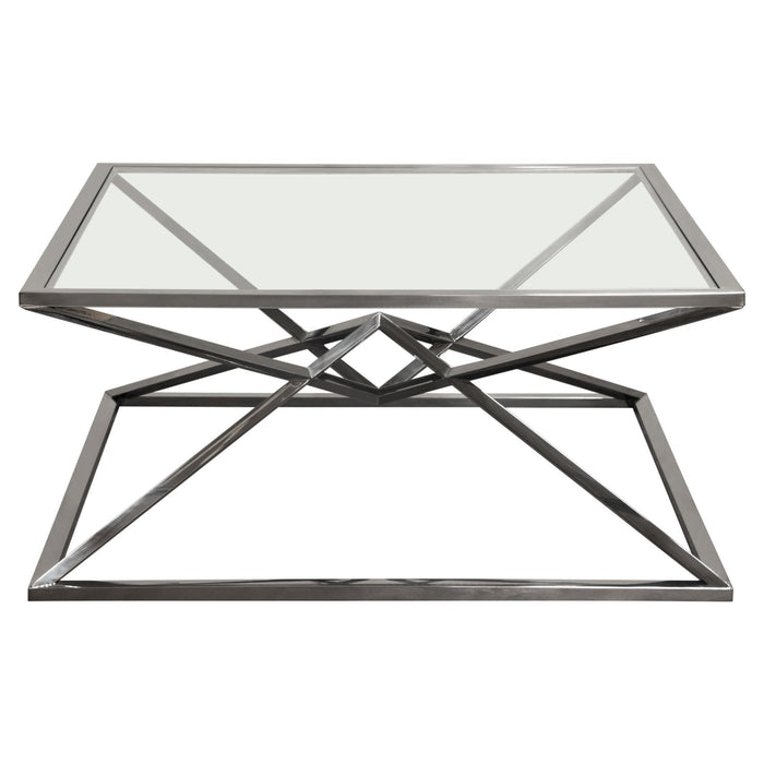 Aria Square Stainless Steel Cocktail Table w/ Polished Black Finish Base & Clear, Tempered Glass Top by Diamond Sofa