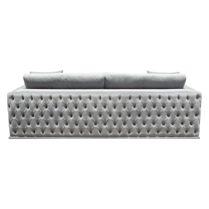 Envy Sofa in Platinum Grey Velvet with Tufted Outside Detail and Silver Metal Trim by Diamond Sofa