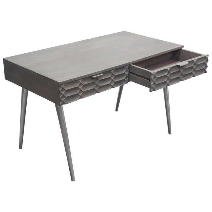 Petra Solid Mango Wood 2-Drawer Writing Desk in Smoke Grey Finish w/ Nickel Legs by Diamond Sofa