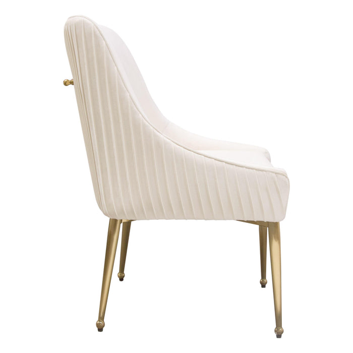 Set of (2) Quinn Dining Chairs w/ Vertical Outside Pleat Detail and Contoured Arm in Cream Velvet w/ Brushed Gold Metal Leg by Diamond Sofa