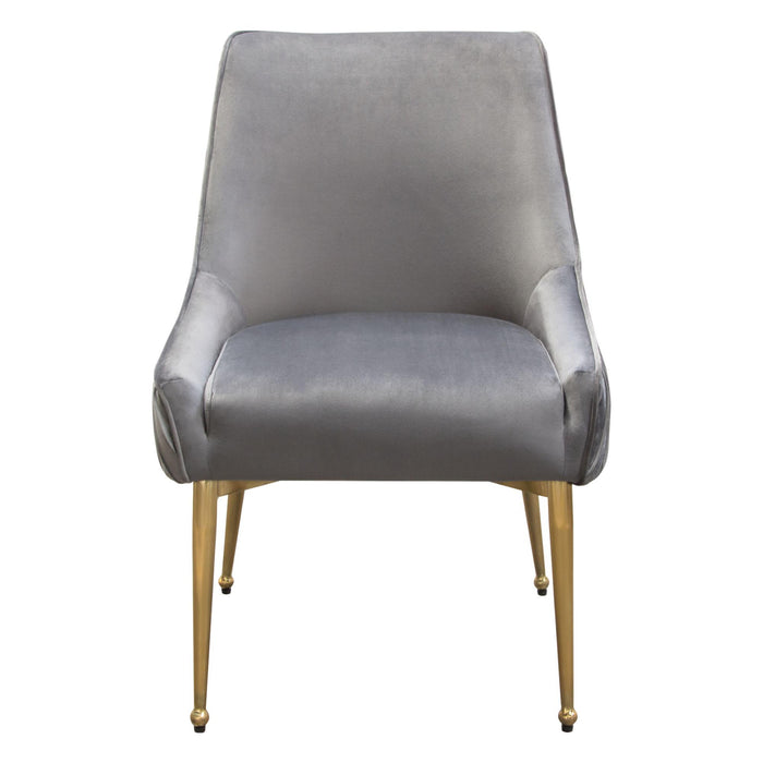 Set of (2) Quinn Dining Chairs w/ Vertical Outside Pleat Detail and Contoured Arm in Grey Velvet w/ Brushed Gold Metal Leg by Diamond Sofa