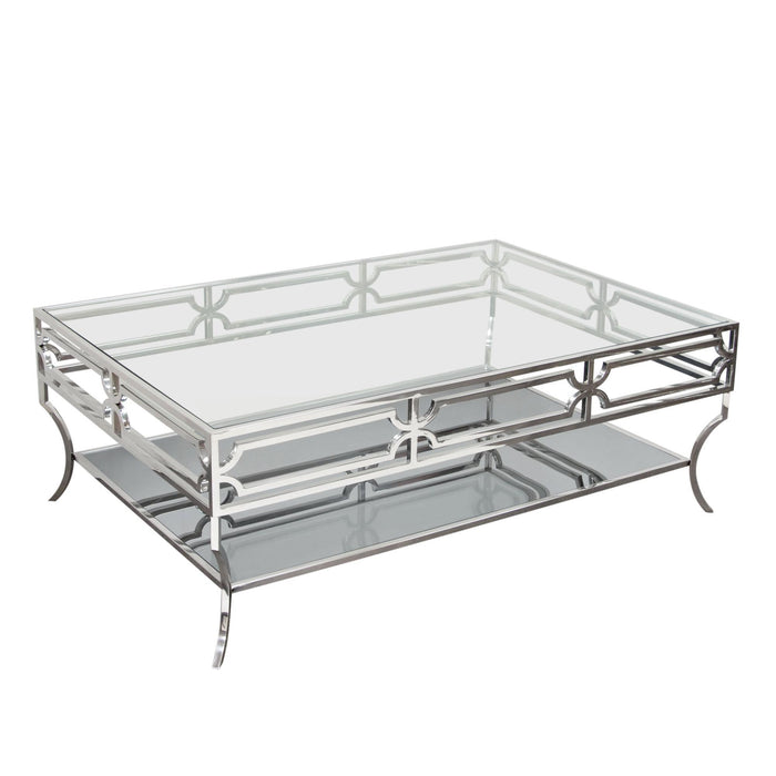 Avalon Cocktail Table with Clear Glass Top, Mirrored Shelf & Stainless Steel Frame by Diamond Sofa