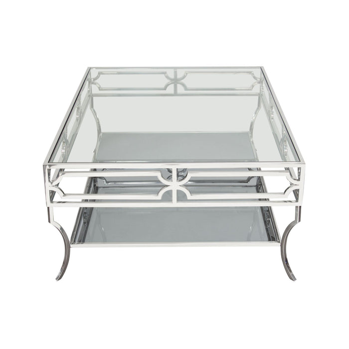 Avalon Cocktail Table with Clear Glass Top, Mirrored Shelf & Stainless Steel Frame by Diamond Sofa