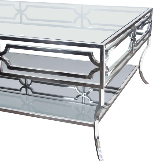 Avalon Cocktail Table with Clear Glass Top, Mirrored Shelf & Stainless Steel Frame by Diamond Sofa