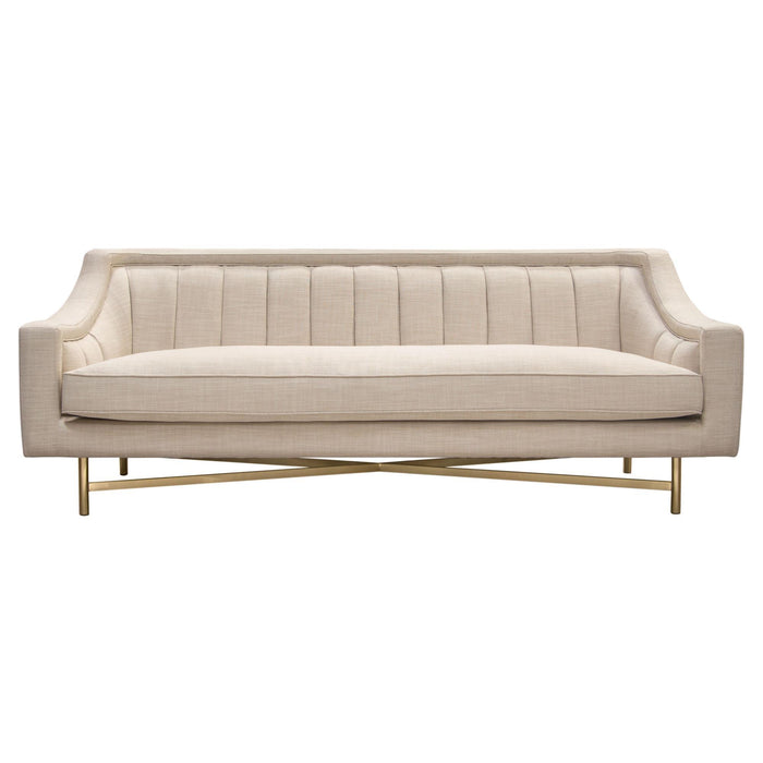 Croft Fabric Sofa in Sand Linen Fabric w/ Accent Pillows and Gold Metal Criss-Cross Frame by Diamond Sofa