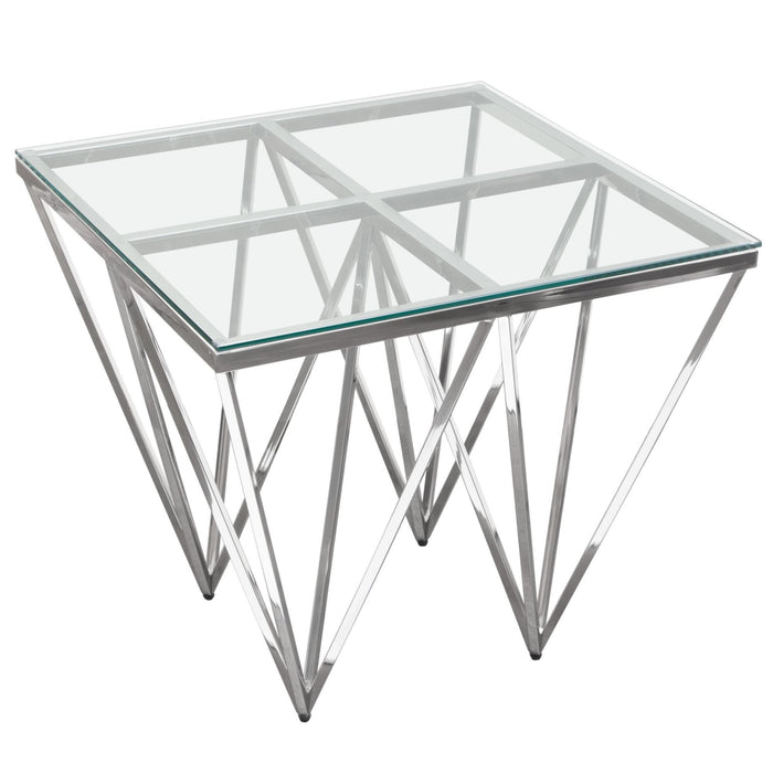 Omni Square End Table with Clear Tempered Glass Top and Polished Stainless Steel Base by Diamond Sofa