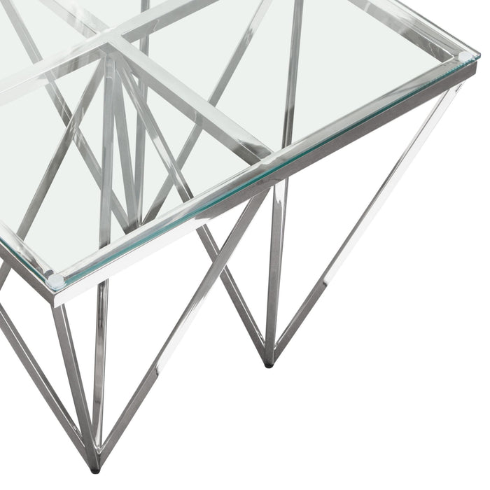 Omni Square End Table with Clear Tempered Glass Top and Polished Stainless Steel Base by Diamond Sofa