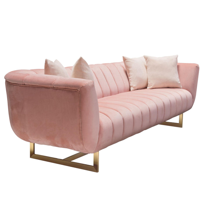 Venus Sofa in Blush Pink Velvet w/ Contrasting Pillows & Gold Finished Metal Base by Diamond Sofa