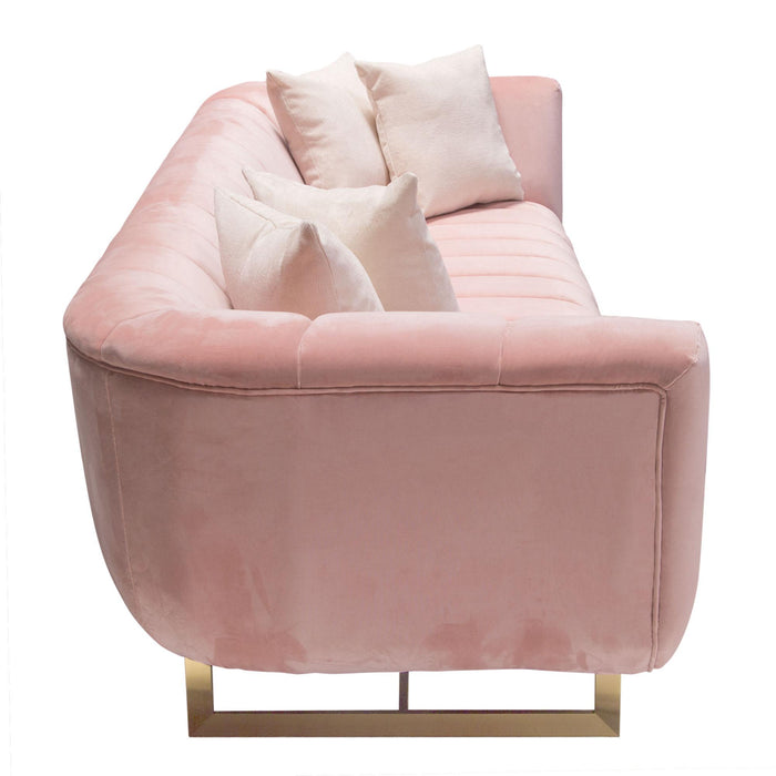 Venus Sofa in Blush Pink Velvet w/ Contrasting Pillows & Gold Finished Metal Base by Diamond Sofa