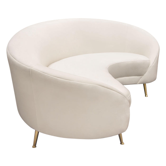 Celine Curved Sofa with Contoured Back in Light Cream Velvet and Gold Metal Legs by Diamond Sofa