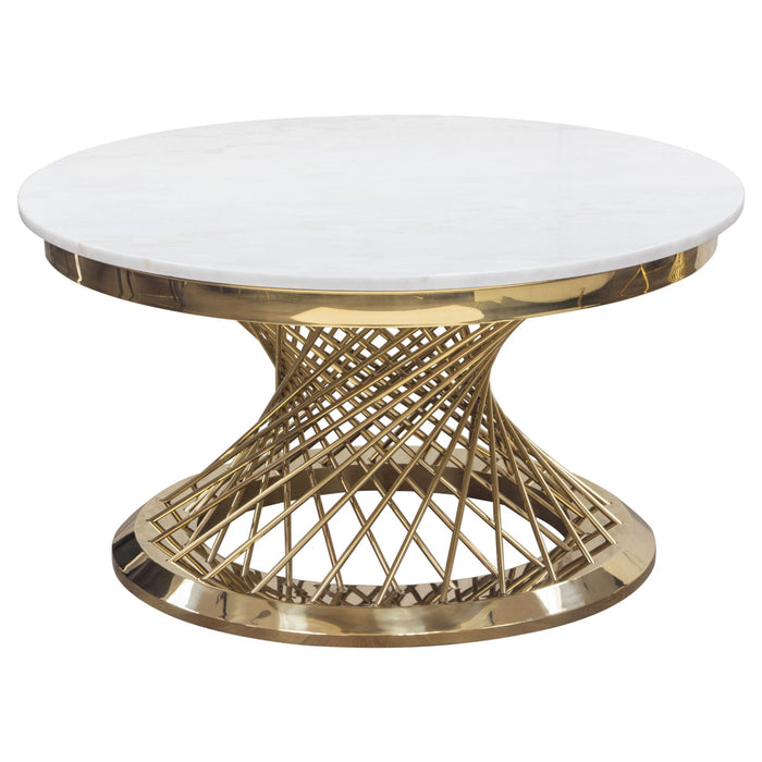 Solstice 35" Round Cocktail Table with Genuine Marble Top and Polished Gold Spiral Spoked Base by Diamond Sofa