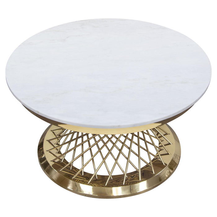 Solstice 35" Round Cocktail Table with Genuine Marble Top and Polished Gold Spiral Spoked Base by Diamond Sofa