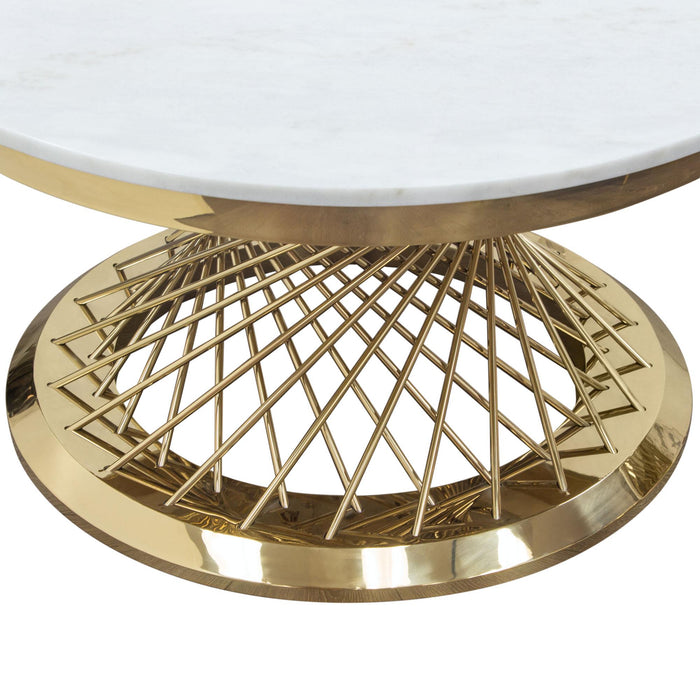 Solstice 35" Round Cocktail Table with Genuine Marble Top and Polished Gold Spiral Spoked Base by Diamond Sofa