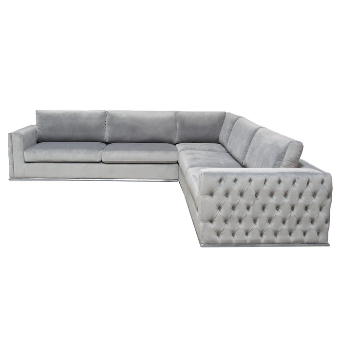 Envy 3PC Sectional in Platinum Grey Velvet with Tufted Outside Detail and Silver Metal Trim by Diamond Sofa