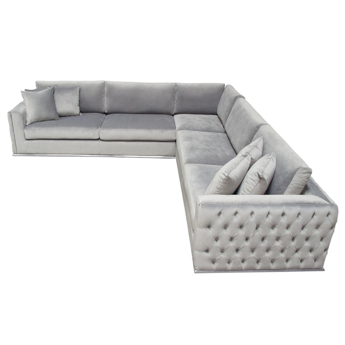 Envy 3PC Sectional in Platinum Grey Velvet with Tufted Outside Detail and Silver Metal Trim by Diamond Sofa