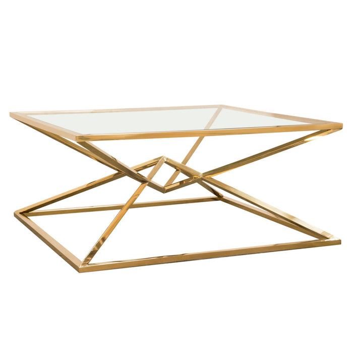 Aria Square Stainless Steel Cocktail Table w/ Polished Gold Finish Base & Clear, Tempered Glass Top by Diamond Sofa