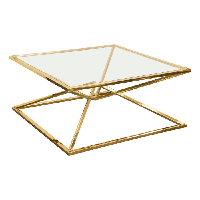 Aria Square Stainless Steel Cocktail Table w/ Polished Gold Finish Base & Clear, Tempered Glass Top by Diamond Sofa