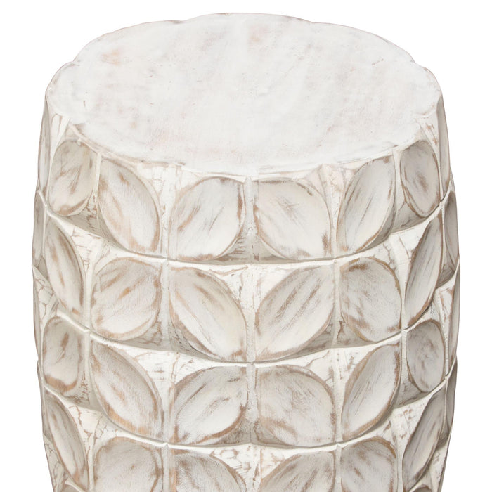 Fig Solid Mango Wood Accent Table in Distressed White Finish w/ Leaf Motif by Diamond Sofa