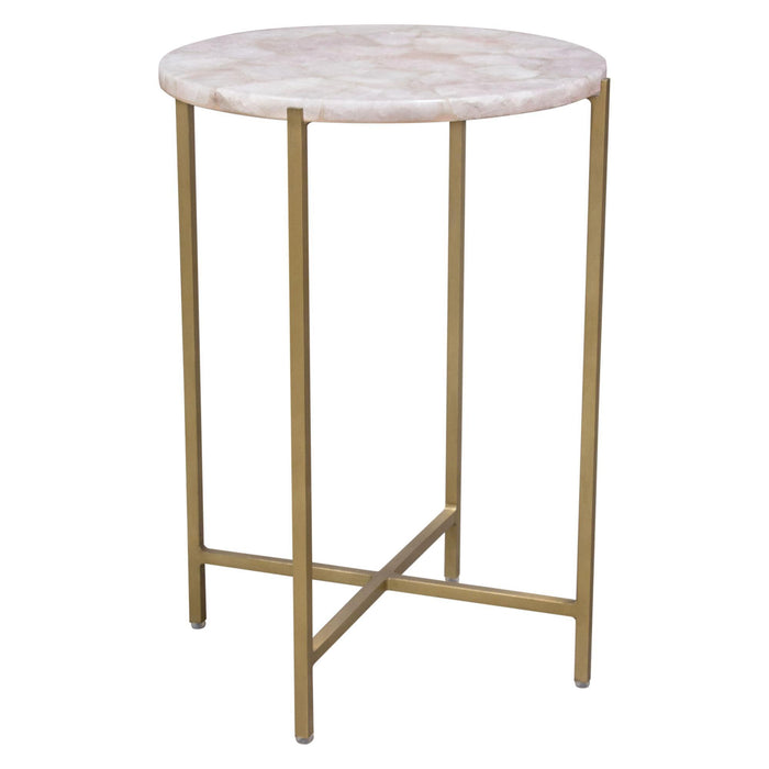 Mika Round Accent Table w/ Rose Quartz Top w/ Brass Base by Diamond Sofa