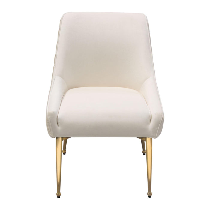 Set of (2) Quinn Dining Chairs w/ Vertical Outside Pleat Detail and Contoured Arm in Cream Velvet w/ Brushed Gold Metal Leg by Diamond Sofa