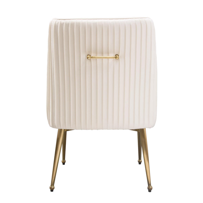 Set of (2) Quinn Dining Chairs w/ Vertical Outside Pleat Detail and Contoured Arm in Cream Velvet w/ Brushed Gold Metal Leg by Diamond Sofa