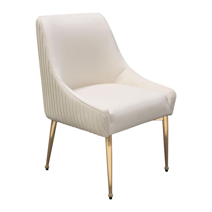 Set of (2) Quinn Dining Chairs w/ Vertical Outside Pleat Detail and Contoured Arm in Cream Velvet w/ Brushed Gold Metal Leg by Diamond Sofa