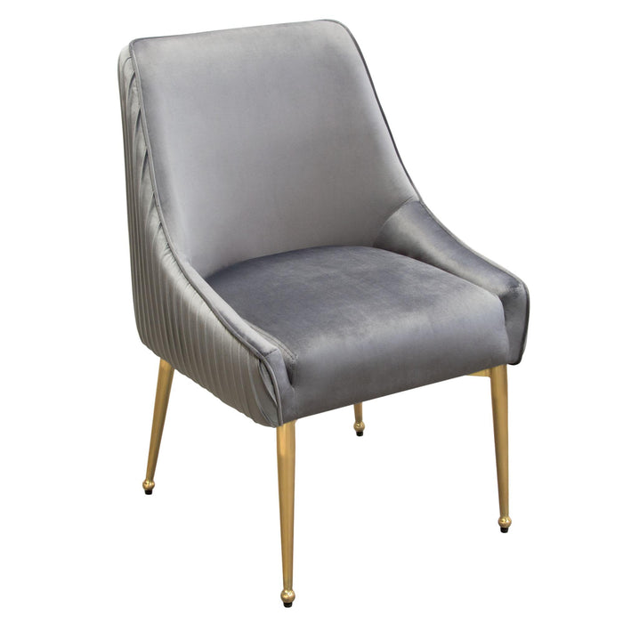 Set of (2) Quinn Dining Chairs w/ Vertical Outside Pleat Detail and Contoured Arm in Grey Velvet w/ Brushed Gold Metal Leg by Diamond Sofa