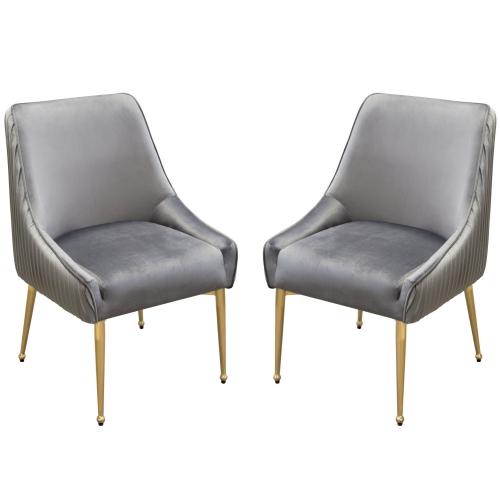 Set of (2) Quinn Dining Chairs w/ Vertical Outside Pleat Detail and Contoured Arm in Grey Velvet w/ Brushed Gold Metal Leg image