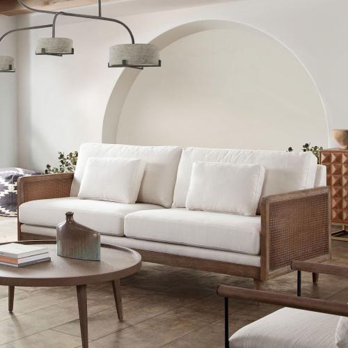 Piper Sofa in White Linen Fabric w/ Natural Rattan image