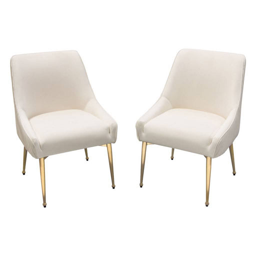 Set of (2) Quinn Dining Chairs w/ Vertical Outside Pleat Detail and Contoured Arm in Cream Velvet w/ Brushed Gold Metal Leg image