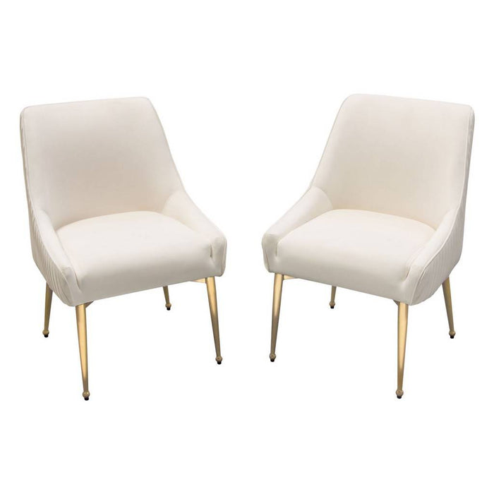 Set of (2) Quinn Dining Chairs w/ Vertical Outside Pleat Detail and Contoured Arm in Cream Velvet w/ Brushed Gold Metal Leg image