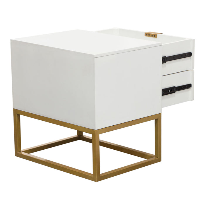 Spectrum 2-Drawer Solid Mango Wood Accent Table in White Finish w/ Gold Finished Iron Legs by Diamond Sofa