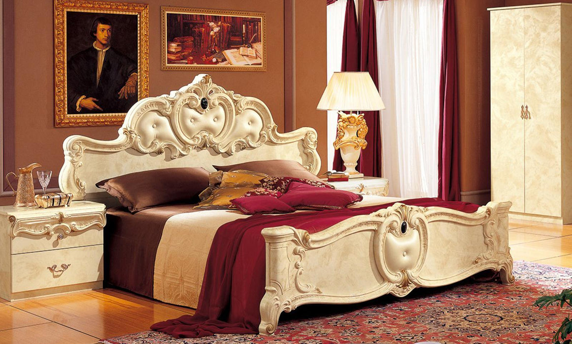 ESF Furniture Barocco Queen Leather Panel Bed in Ivory