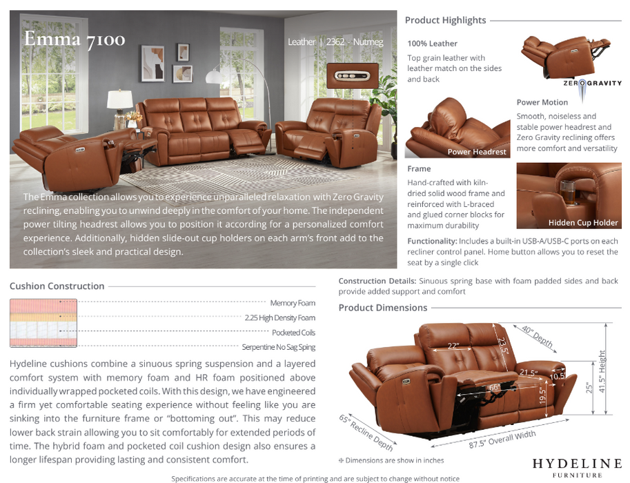 Emma Power Headrest Zero Gravity Reclining Sofa Collection