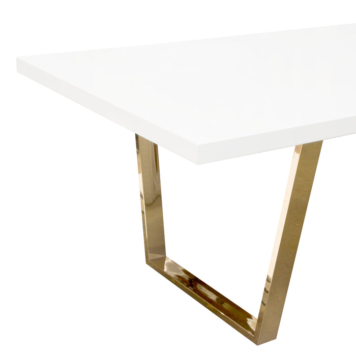 Mirage Rectangular Dining Table w/ White Lacquer Top and Polished Gold Metal Base by Diamond Sofa