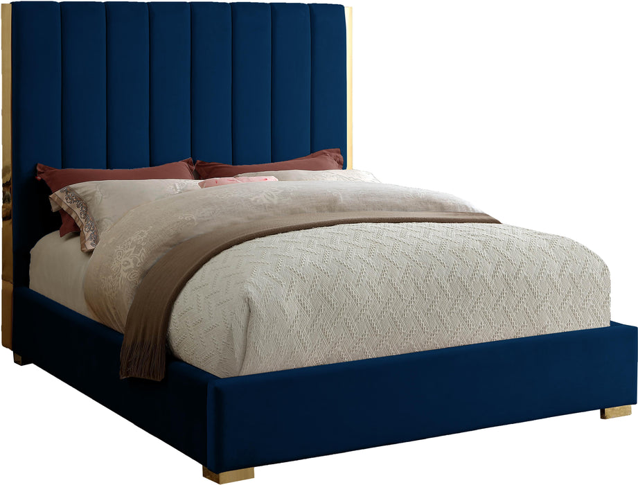 Becca Navy Velvet King Bed - Home And Beyond