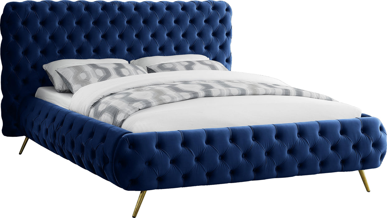 Delano Navy Velvet Queen Bed - Home And Beyond