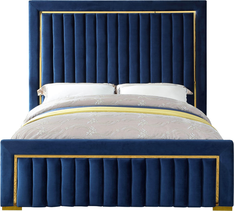 Dolce Navy Velvet Queen Bed (3 Boxes) - Home And Beyond