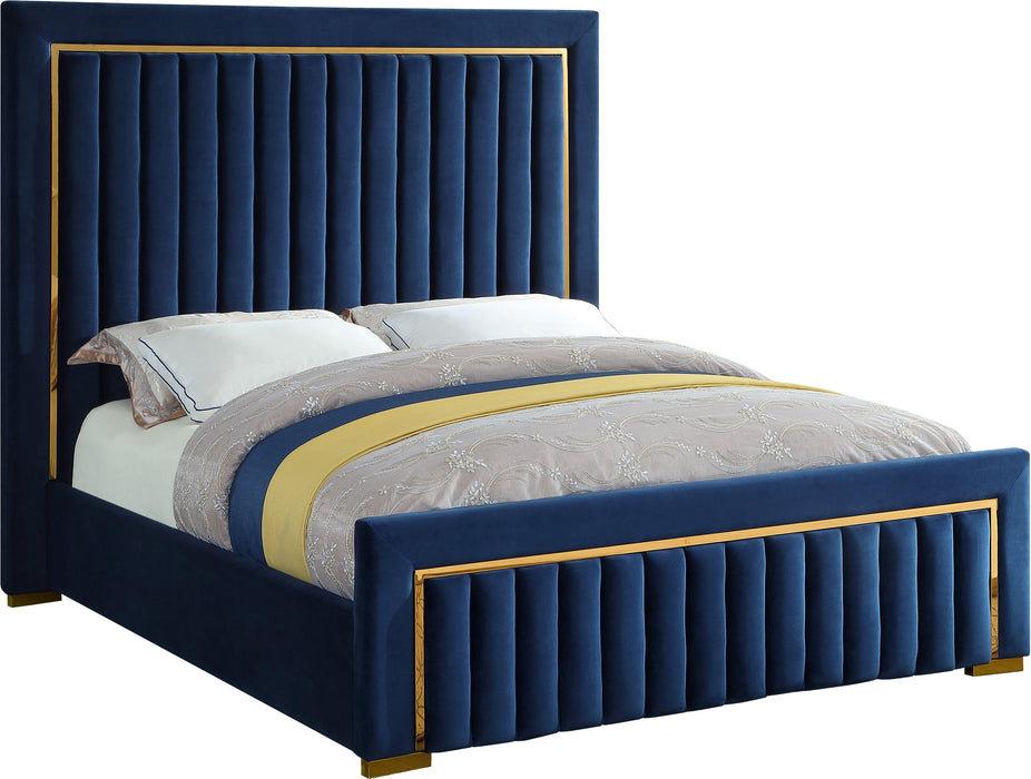 Dolce Navy Velvet Queen Bed (3 Boxes) - Home And Beyond