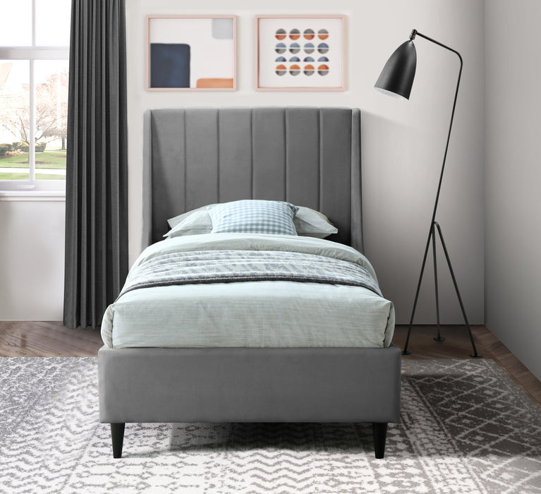 Eva Grey Velvet Twin Bed - Home And Beyond