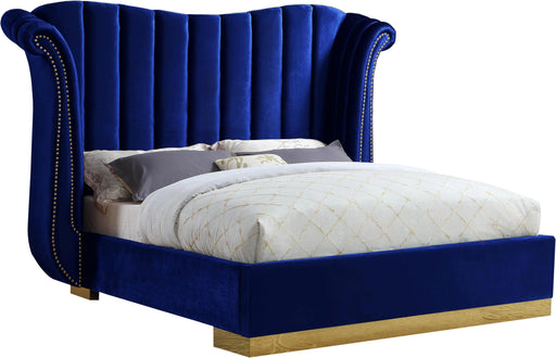 Flora Navy Velvet Queen Bed (3 Boxes) - Home And Beyond