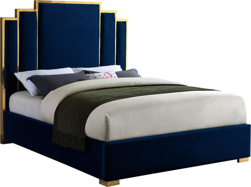 Hugo Navy Velvet Queen Bed - Home And Beyond