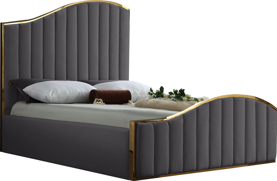 Jolie Grey Velvet Queen Bed (3 Boxes) - Home And Beyond