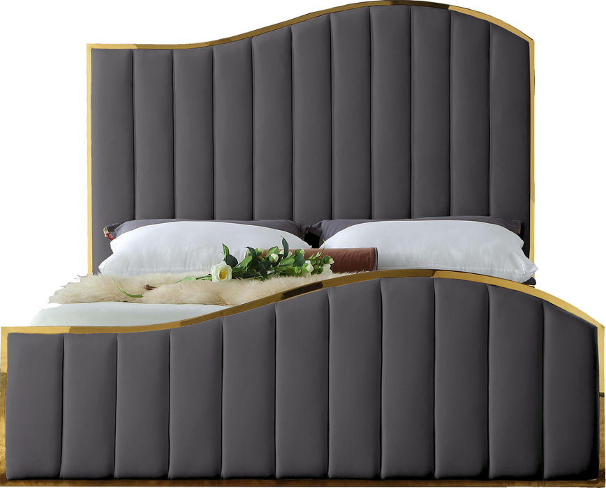 Jolie Grey Velvet Queen Bed (3 Boxes) - Home And Beyond