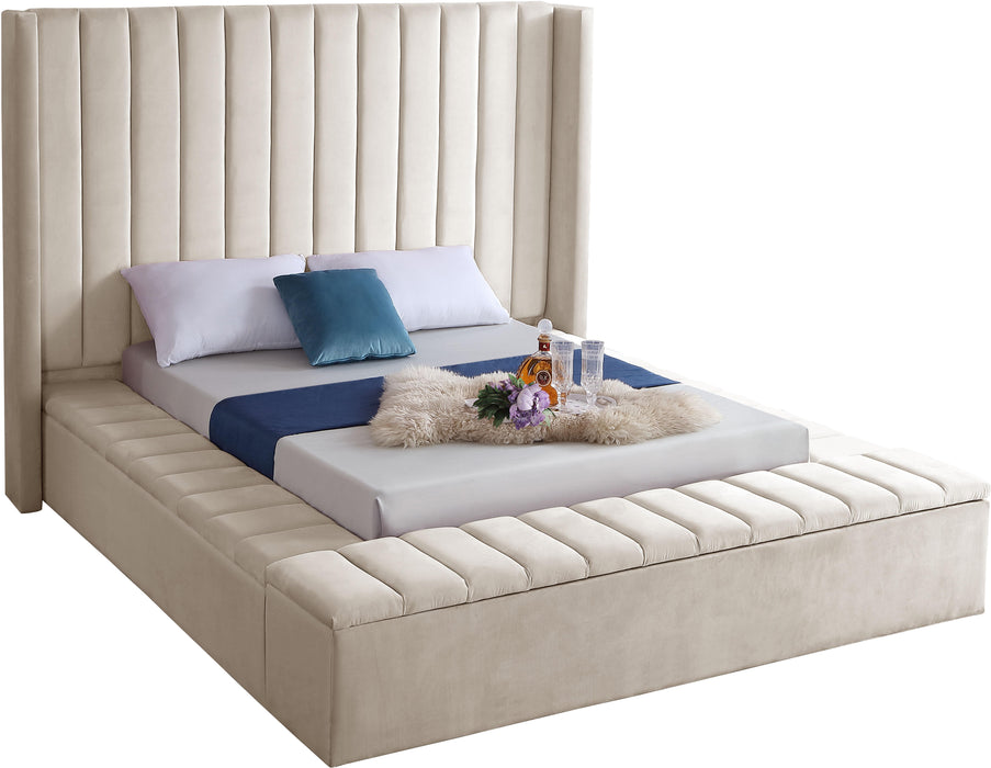 Kiki Cream Velvet Queen Bed (3 Boxes) - Home And Beyond