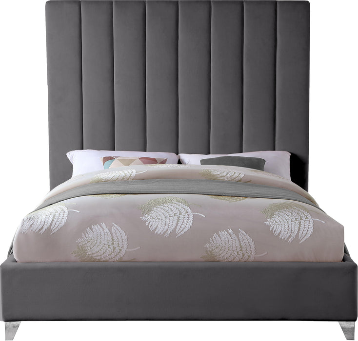 Via Grey Velvet Queen Bed - Home And Beyond