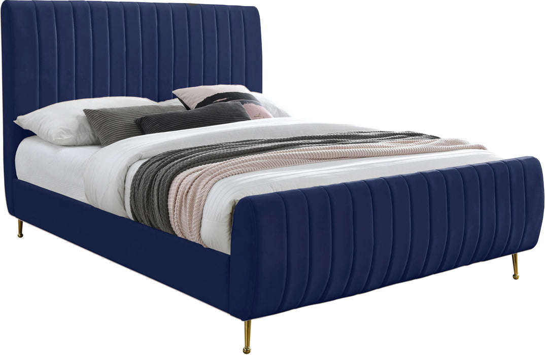 Zara Navy Velvet Queen Bed (3 Boxes) - Home And Beyond