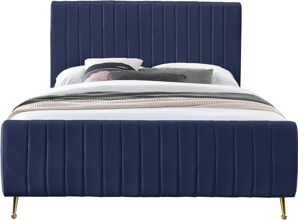 Zara Navy Velvet Queen Bed (3 Boxes) - Home And Beyond