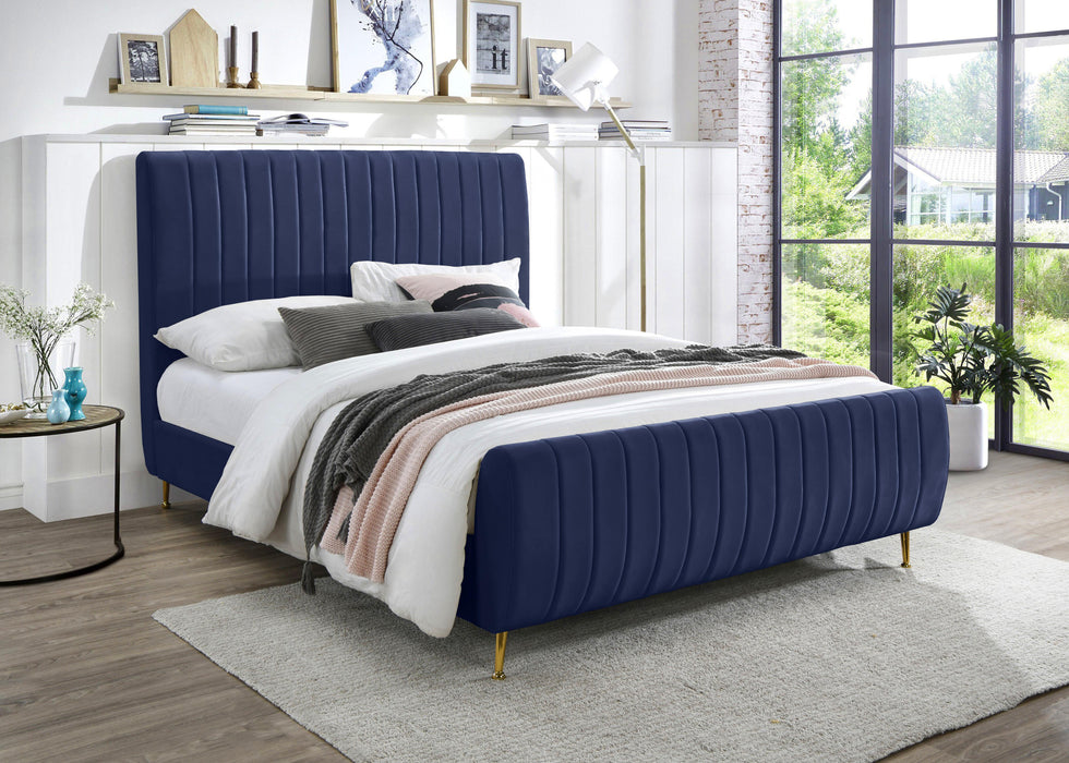 Zara Navy Velvet Queen Bed (3 Boxes) - Home And Beyond